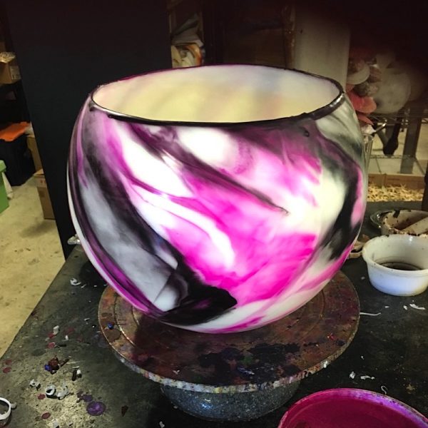 Just completed Pink and Ebony large lantern in the studio. Photo By Linda Saul