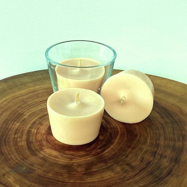 Three Frankincense, Sandalwood & Ylang Ylang pure soy Votive candle refills, with glass, burn brightly for a total of 24 hours with a subtle, sophisticated aroma.