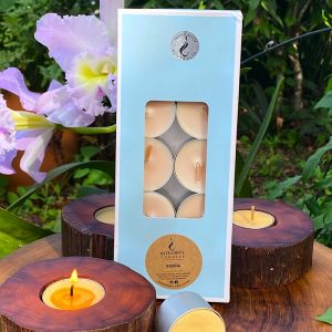 Vanilla Bean scented tea-light cups burn brightly for eight hours each. Presented in a 10 pack windowed gift-box.