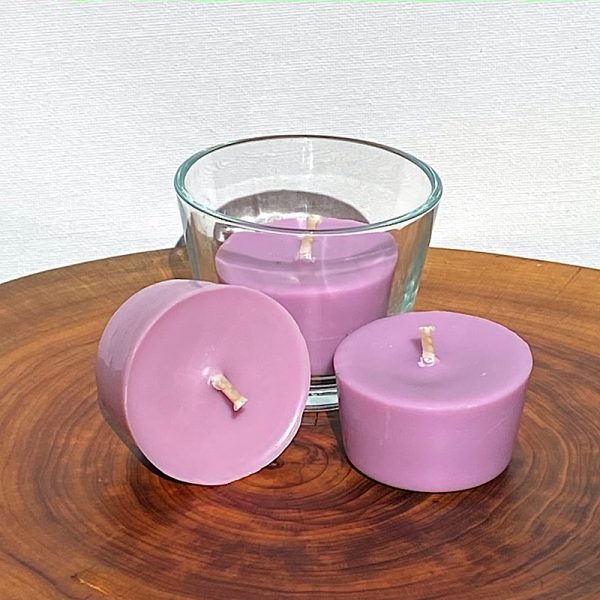 Three Relaxation Blend pure soy Votives, with one glass, burn brightly for a total of 36 hours.