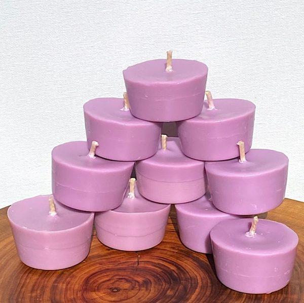 Ten Relaxation Blend pure soy Votives burn brightly for a total of 120 hours.