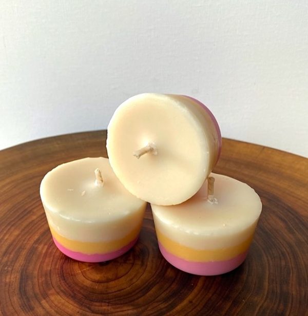 Three Frangipani & Ylang Ylang pure soy Votives burn brightly for a total of 36 hours with a delightfully playful and sweet aroma.