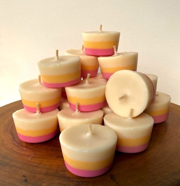 Twenty Frangipani & Ylang Ylang pure soy Votives burn brightly for a total of 240 hours with a delightfully playful and sweet aroma.