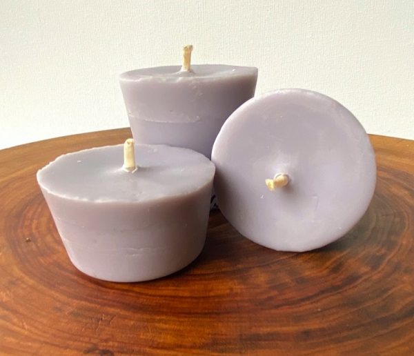 Three Lavender & Vanilla pure soy Votives, with one glass, burn brightly for a total of 36 hours with a lavish, calming aroma.