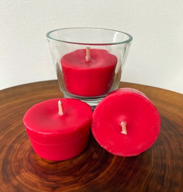 Three Dragon's Blood pure soy Votives, with one glass, burn brightly for a total of 24 hours with a luxurious, intoxicating fragrance.