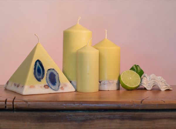 Pillar Candles and Pyramid Candles are colour-coded and scent-matched throughout the range.
